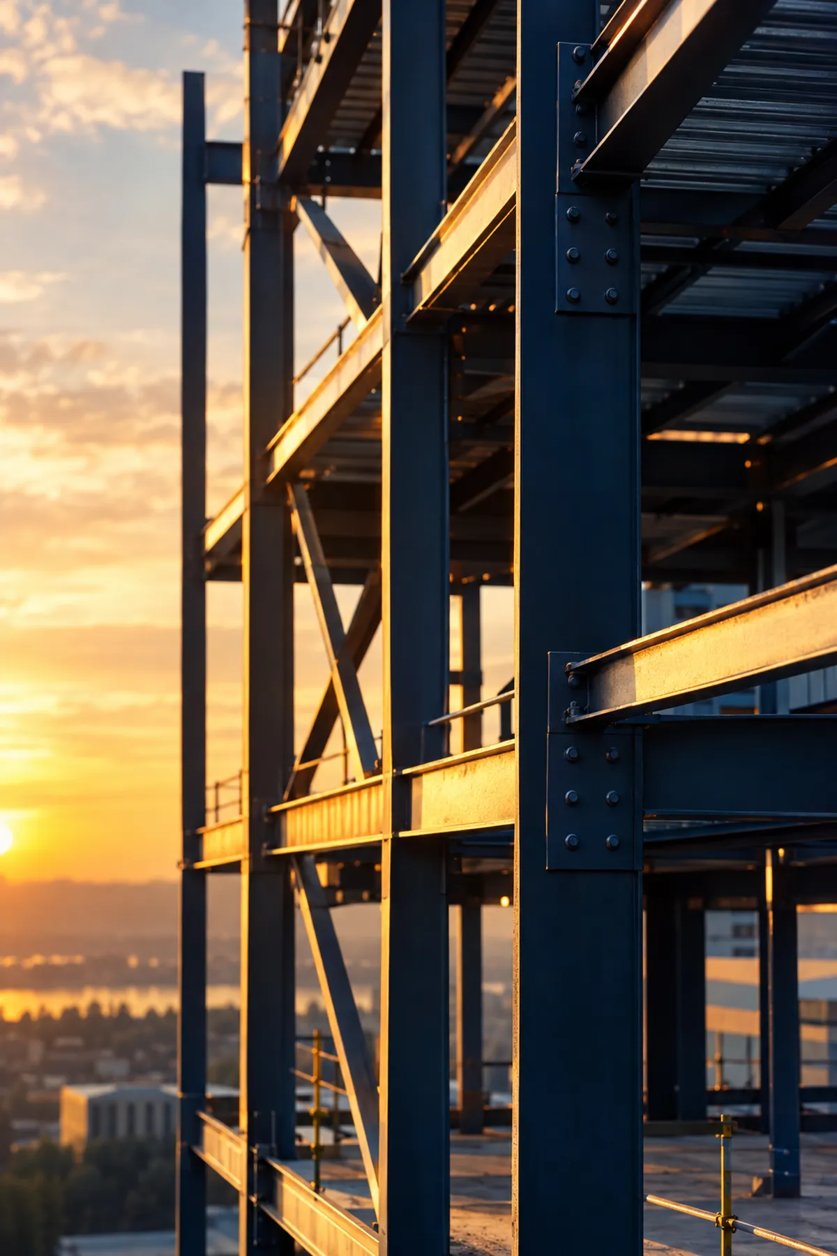Steel structure of a building under construction at sunset